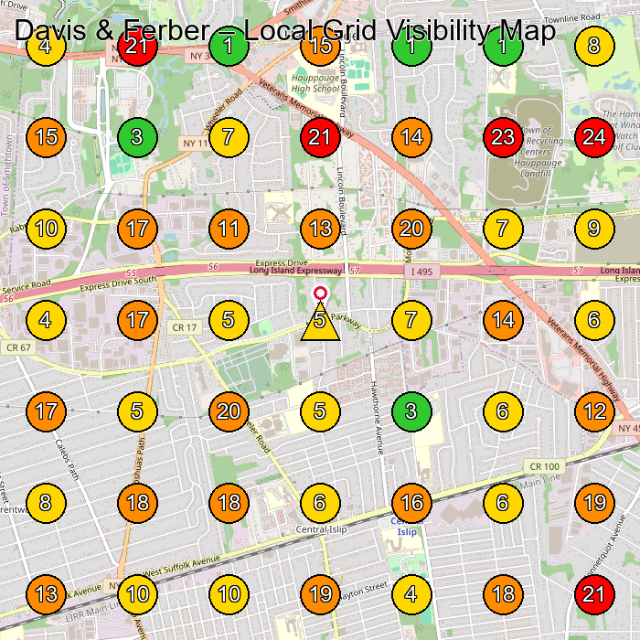 Davis & Ferber Personal Injury Attorney GeoGrid ranking map for Islandia NY